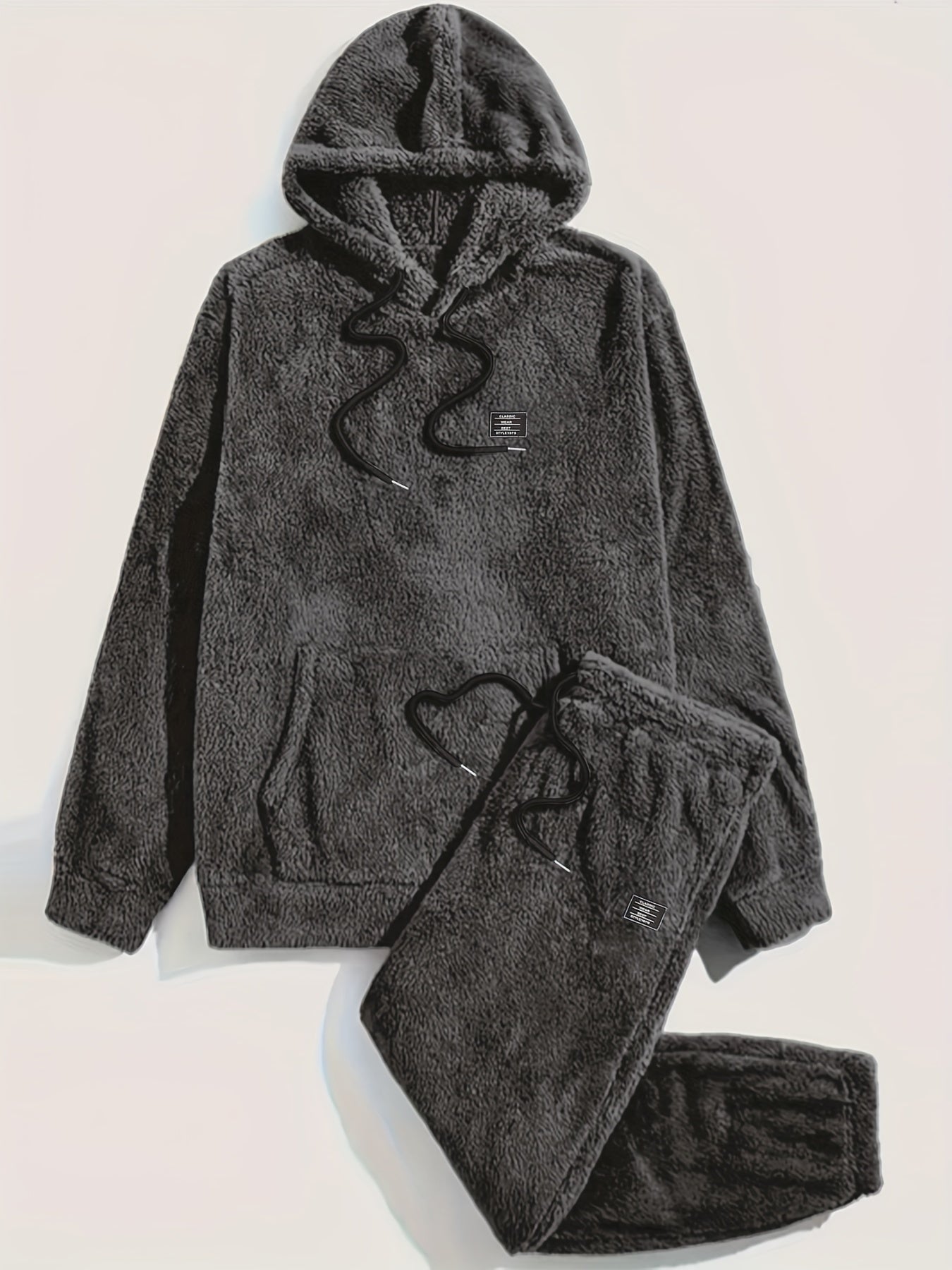 Abbigliamento per il tempo libero in pile - Comodo set di due pezzi composto da felpa con cappuccio e pantaloni della tuta-Nero-S-Modasso