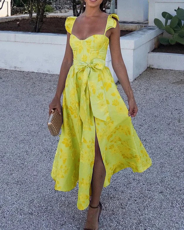 Abito Corsetto | Elegante | Maniche a farfalla | Abito midi | Abito estivo-Giallo-XS-Modasso
