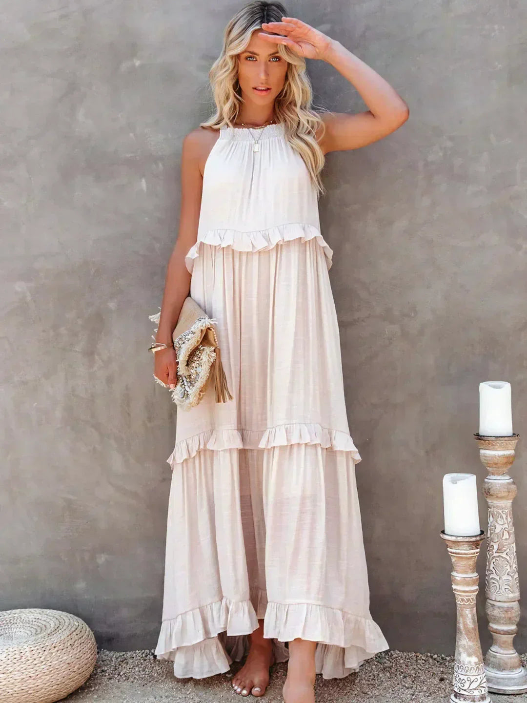 Abito Lungo Con Volant | Scollo all'americana | Senza maniche | Abito fluido | Maxi prendisole-Albicocca-S-Modasso