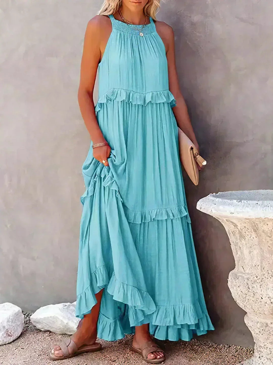 Abito Lungo Con Volant | Scollo all'americana | Senza maniche | Abito fluido | Maxi prendisole-Azzurro-S-Modasso