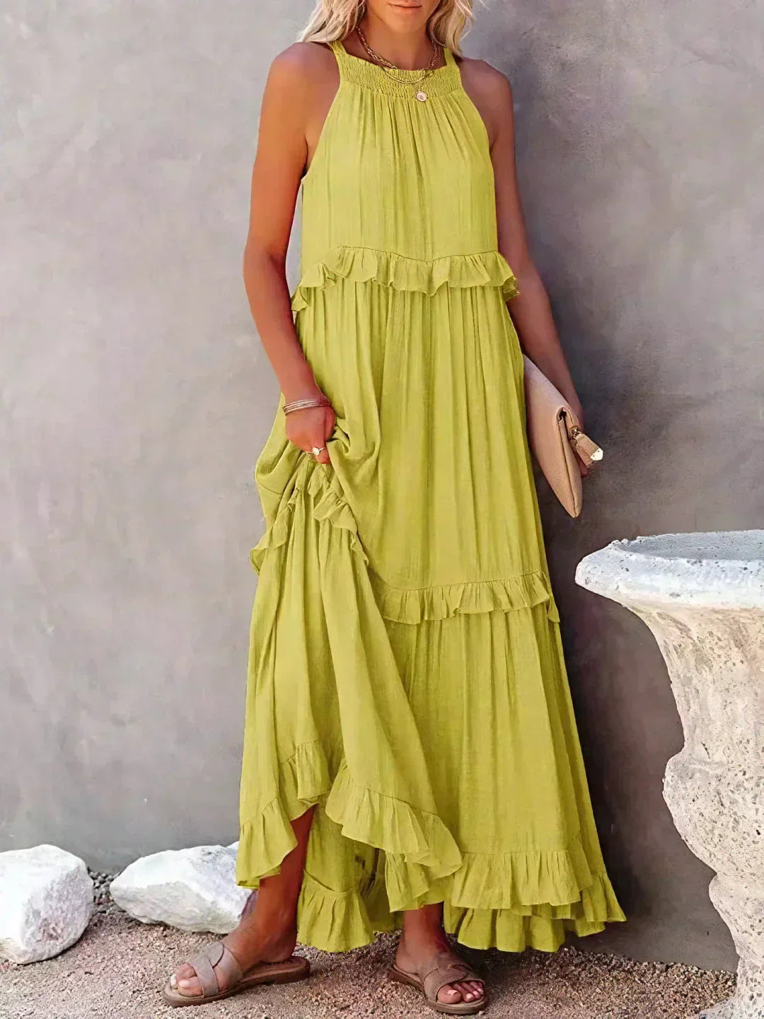 Abito Lungo Con Volant | Scollo all'americana | Senza maniche | Abito fluido | Maxi prendisole-Giallo-S-Modasso