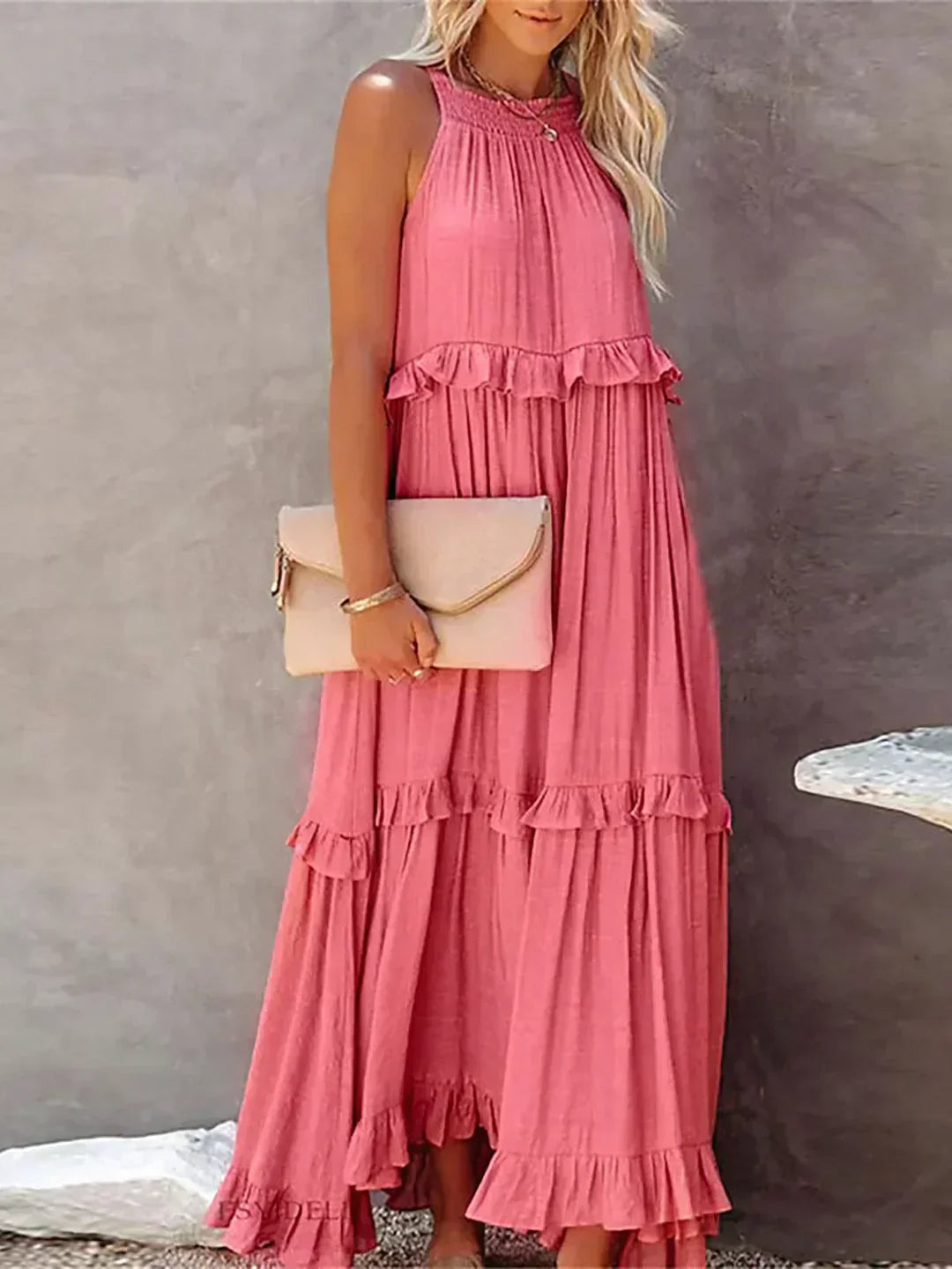 Abito Lungo Con Volant | Scollo all'americana | Senza maniche | Abito fluido | Maxi prendisole-Modasso