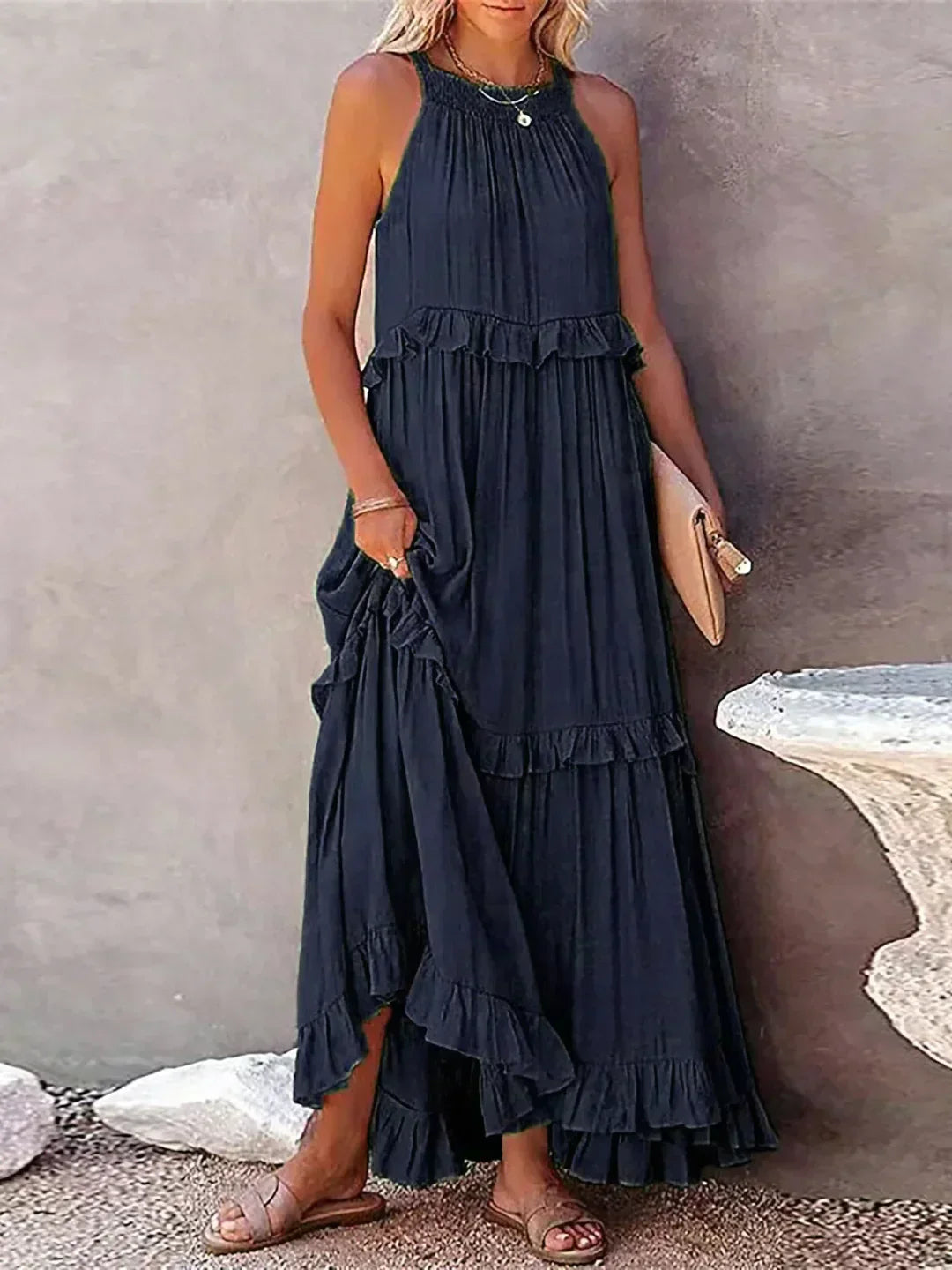 Abito Lungo Con Volant | Scollo all'americana | Senza maniche | Abito fluido | Maxi prendisole-Modasso