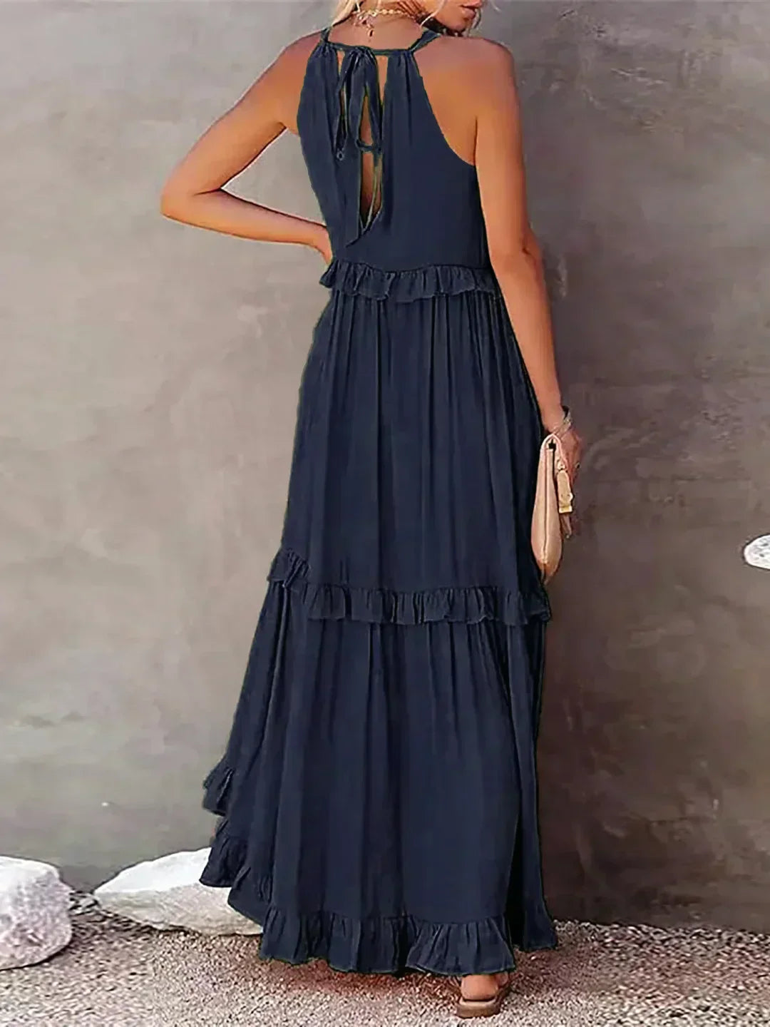 Abito Lungo Con Volant | Scollo all'americana | Senza maniche | Abito fluido | Maxi prendisole-Modasso