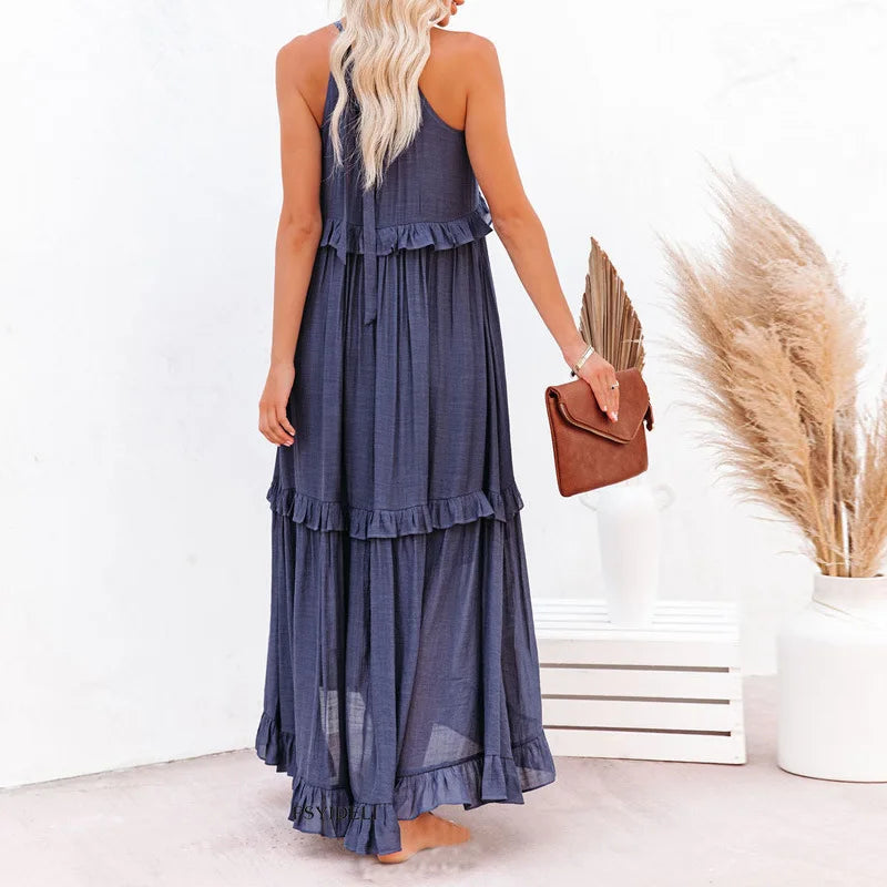 Abito Lungo Con Volant | Scollo all'americana | Senza maniche | Abito fluido | Maxi prendisole-Modasso