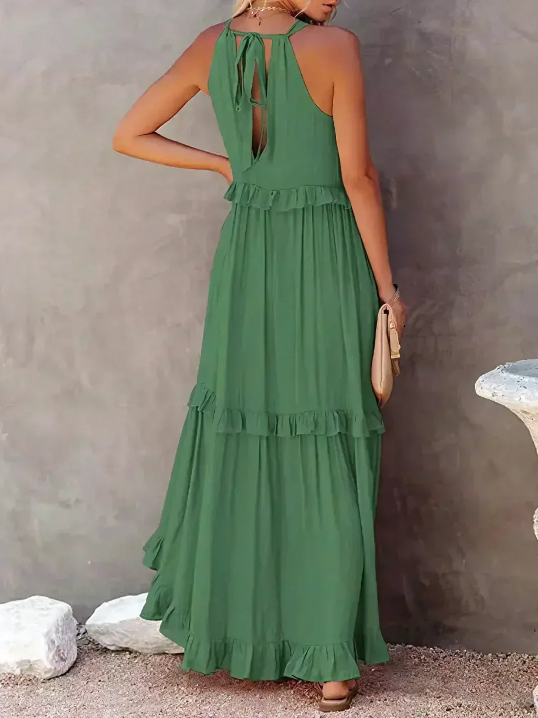 Abito Lungo Con Volant | Scollo all'americana | Senza maniche | Abito fluido | Maxi prendisole-Modasso
