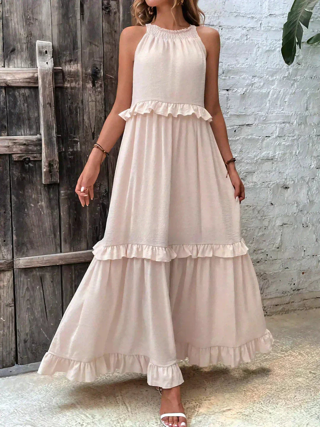 Abito Lungo Con Volant | Scollo all'americana | Senza maniche | Abito fluido | Maxi prendisole-Modasso