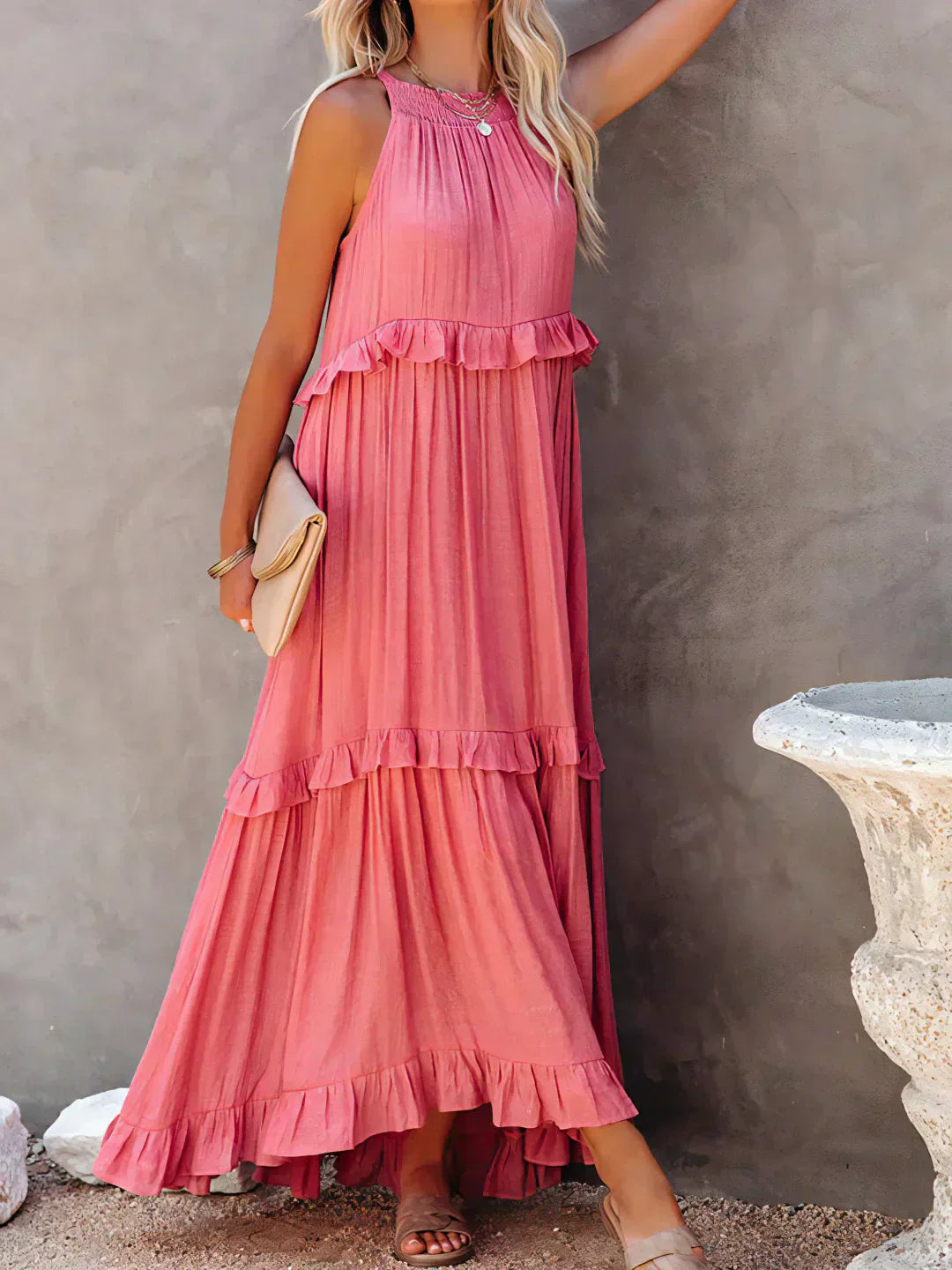 Abito Lungo Con Volant | Scollo all'americana | Senza maniche | Abito fluido | Maxi prendisole-Modasso
