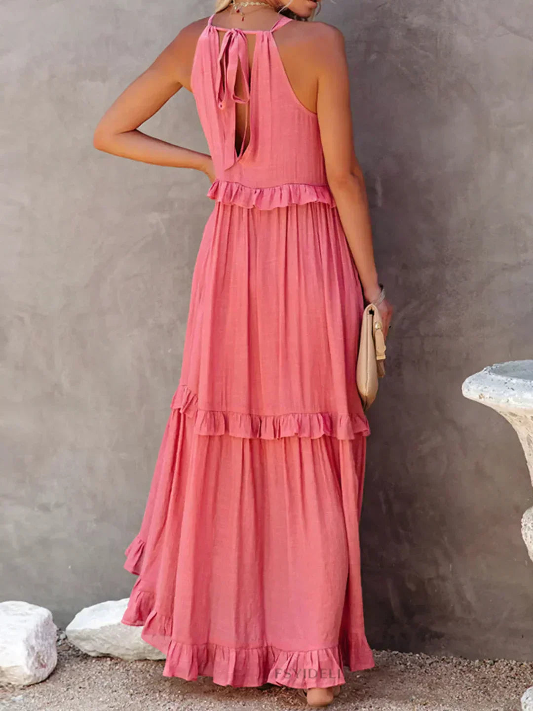 Abito Lungo Con Volant | Scollo all'americana | Senza maniche | Abito fluido | Maxi prendisole-Modasso