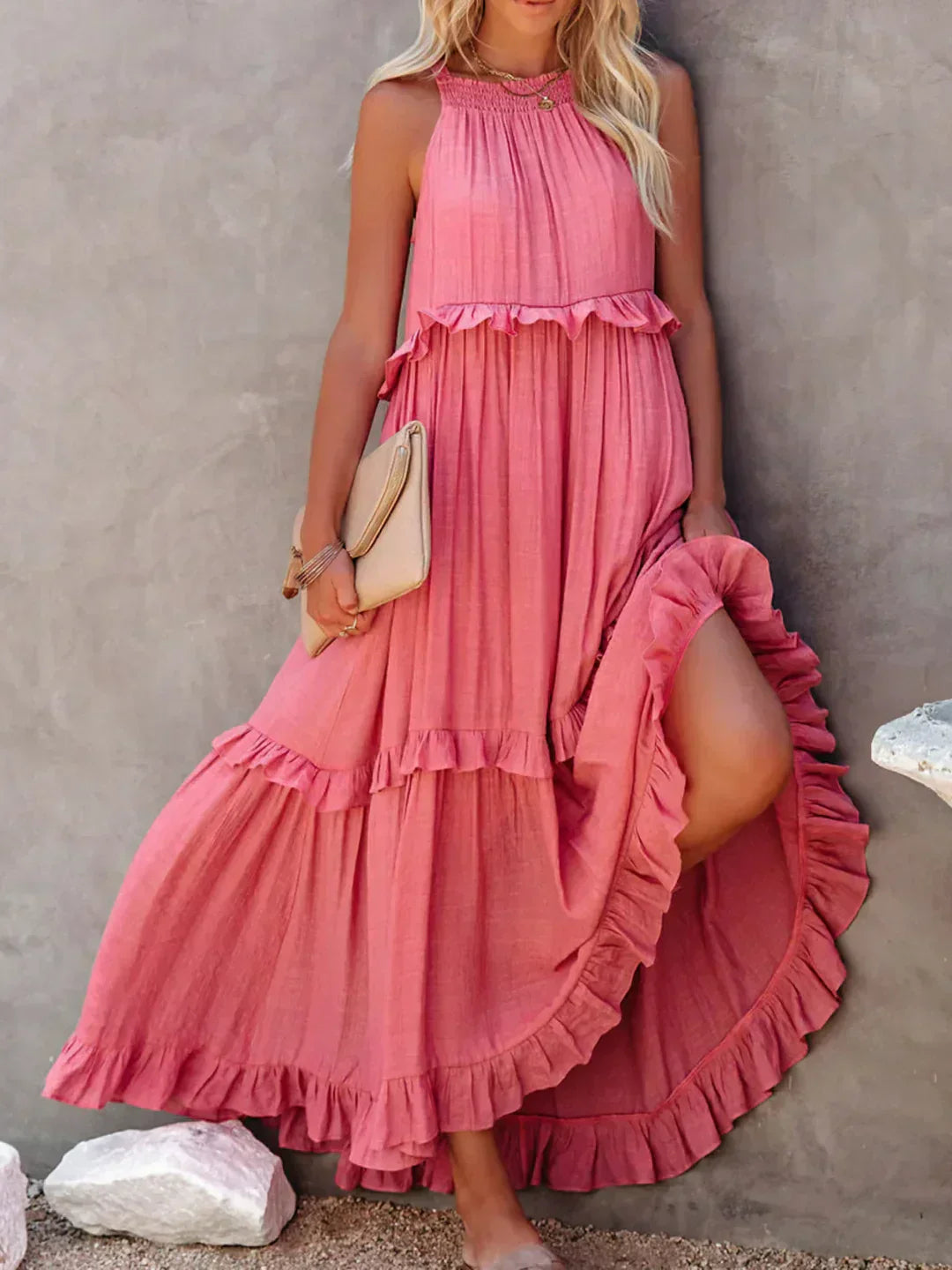 Abito Lungo Con Volant | Scollo all'americana | Senza maniche | Abito fluido | Maxi prendisole-Rosa-S-Modasso