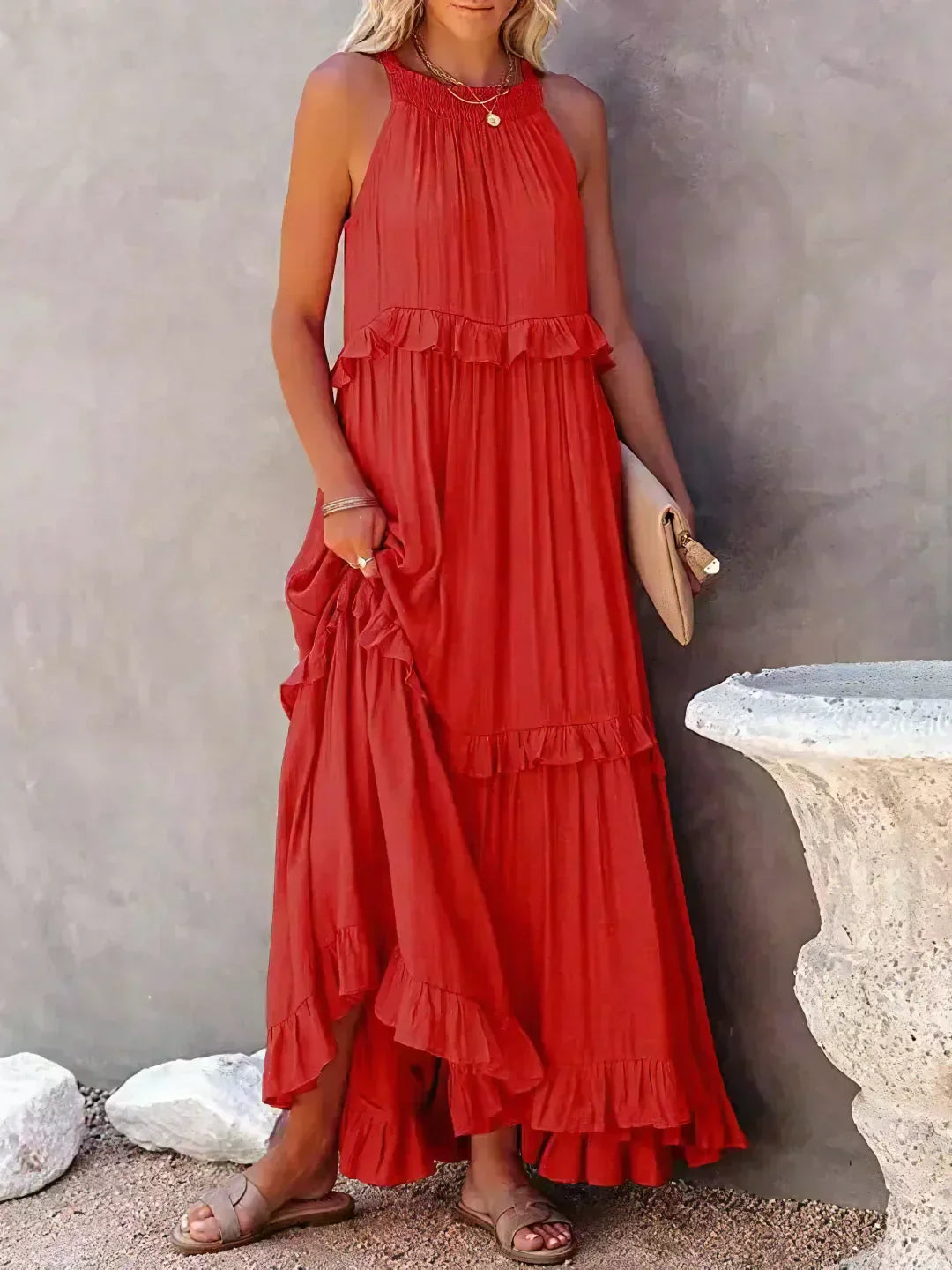 Abito Lungo Con Volant | Scollo all'americana | Senza maniche | Abito fluido | Maxi prendisole-Rosso-S-Modasso