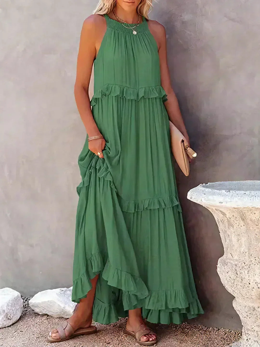 Abito Lungo Con Volant | Scollo all'americana | Senza maniche | Abito fluido | Maxi prendisole-Verde-S-Modasso