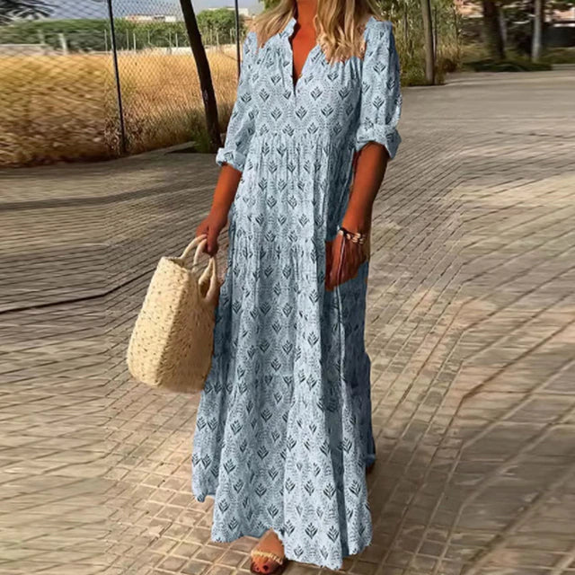 Abito Maxi, Mezza Manica, Scollo a V, Abito Boho, Abito Estivo-Modaso