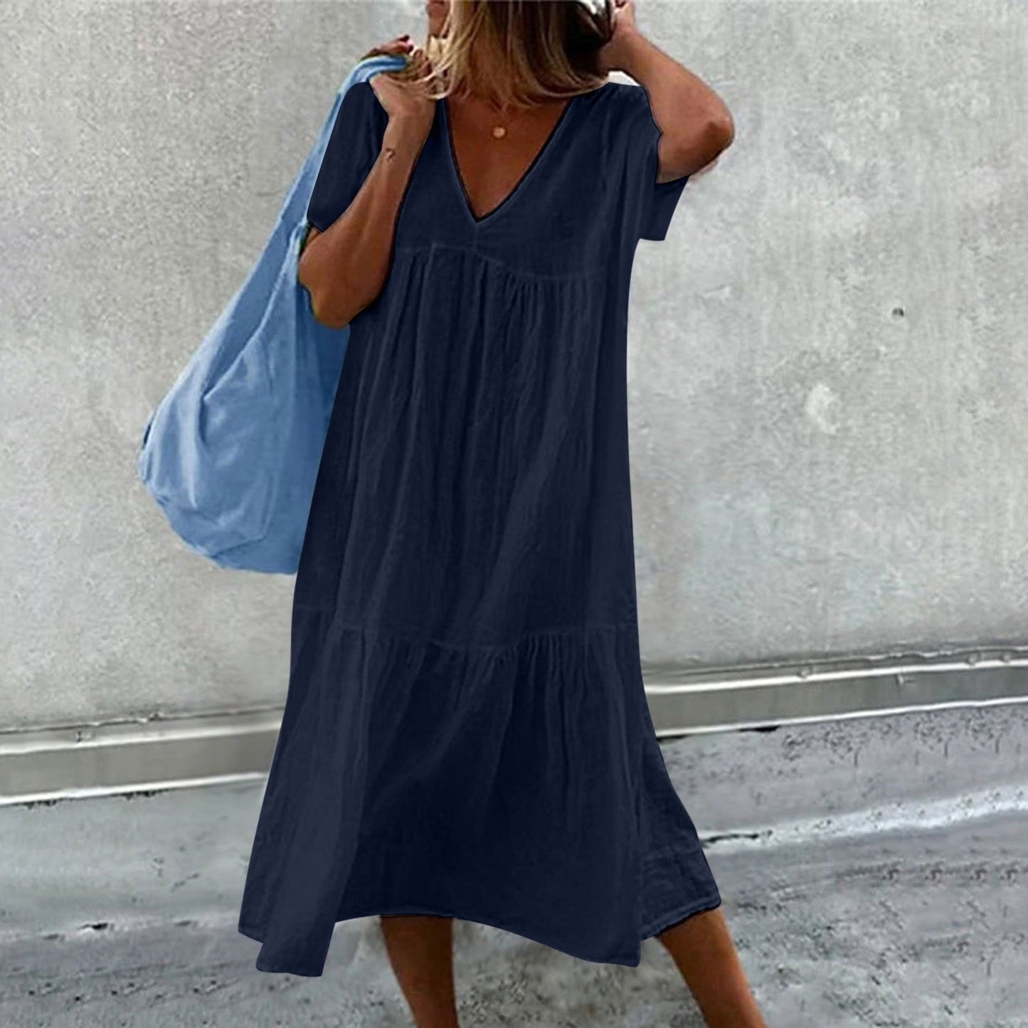 Abito Midi - Abito estivo casual da donna, vestibilità morbida, maniche corte-Blu Navy-S-Modasso