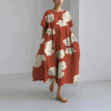 Abito Oversize - Abito midi casual da donna con vestibilità ampia stampato-Arancione-S-Modasso