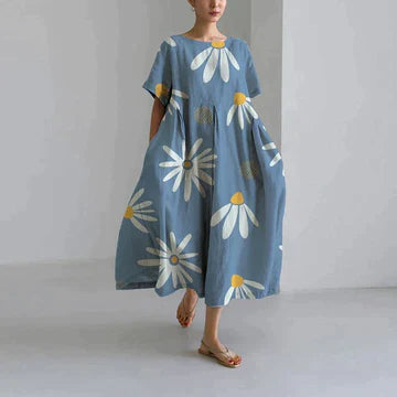 Abito Oversize - Abito midi casual da donna con vestibilità ampia stampato-Azzurro-S-Modasso