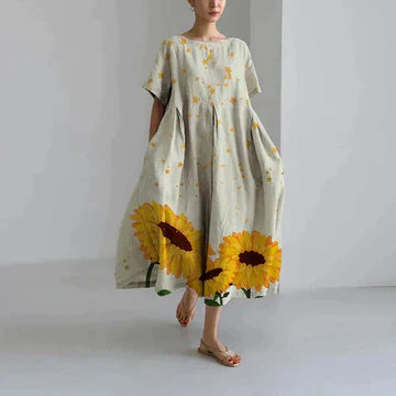 Abito Oversize - Abito midi casual da donna con vestibilità ampia stampato-Bianco e giallo-S-Modasso