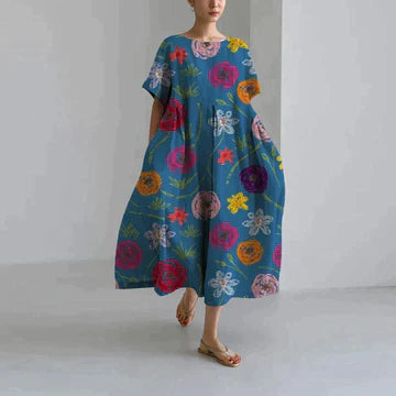 Abito Oversize - Abito midi casual da donna con vestibilità ampia stampato-Blu-S-Modasso
