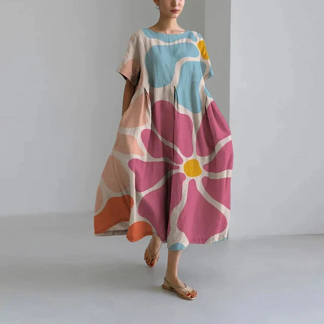 Abito Oversize - Abito midi casual da donna con vestibilità ampia stampato-Fiore Rosa-S-Modasso