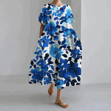 Abito Oversize - Abito midi casual da donna con vestibilità ampia stampato-Fiori Blu-S-Modasso