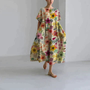 Abito Oversize - Abito midi casual da donna con vestibilità ampia stampato-Fiori-S-Modasso