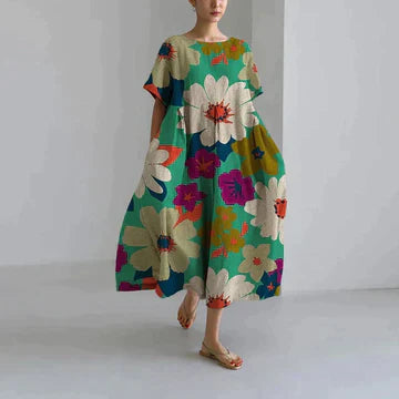 Abito Oversize - Abito midi casual da donna con vestibilità ampia stampato-Verde-S-Modasso