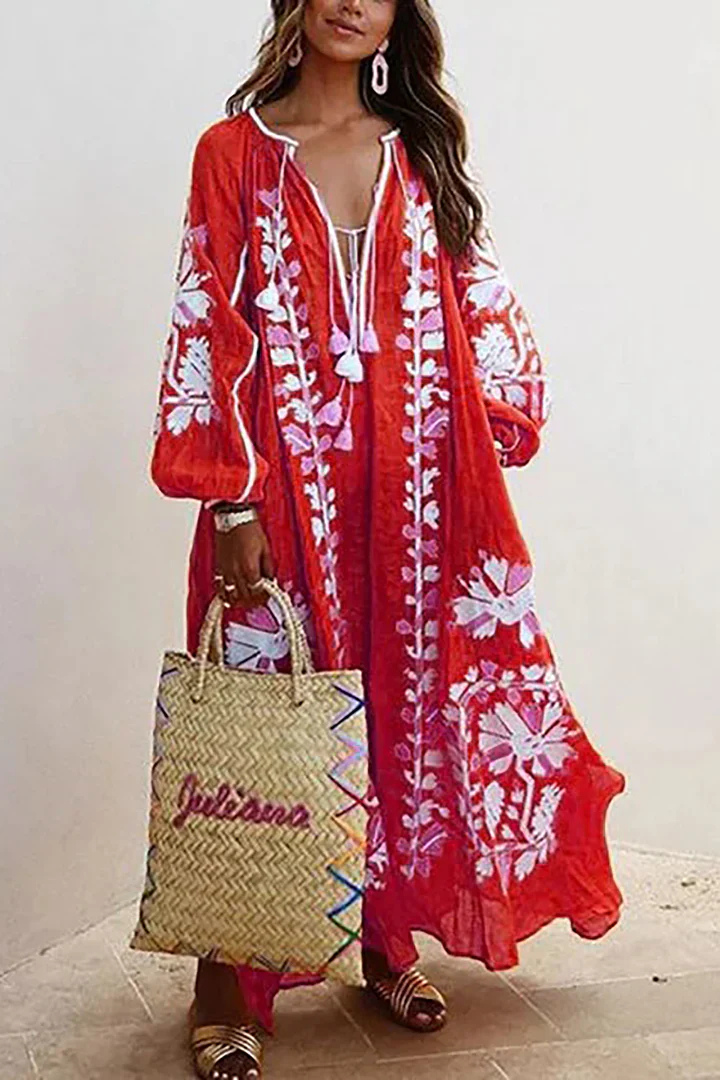 Abito Oversize | Scollo a V | Maniche lunghe | Abito boho | Abito lungo-Rosso-S-Modasso