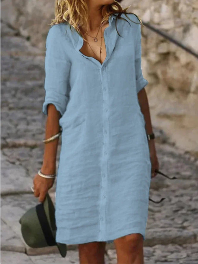 Abito a Camicia - Maniche Lunghe - Collo - Abito Abbottonato - Abito di Lino-Azzurro-S-Modasso