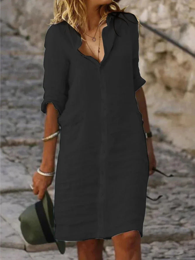 Abito a Camicia - Maniche Lunghe - Collo - Abito Abbottonato - Abito di Lino-Nero-S-Modasso
