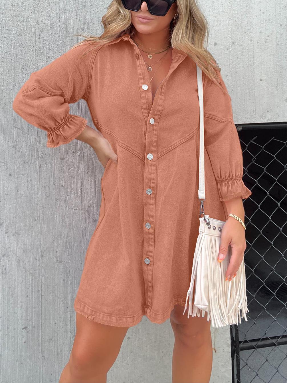 Abito a camicia | Abito con bottoni | Maniche lunghe | Abito in denim | Mini abito-Arancione-S-Modasso