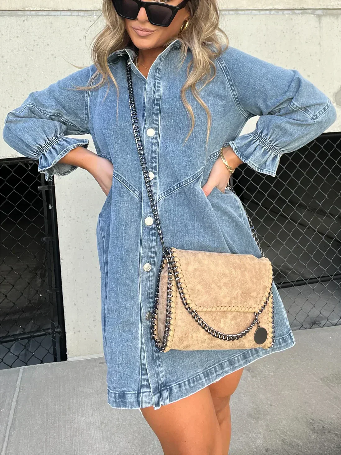 Abito a camicia | Abito con bottoni | Maniche lunghe | Abito in denim | Mini abito-Blu-S-Modasso