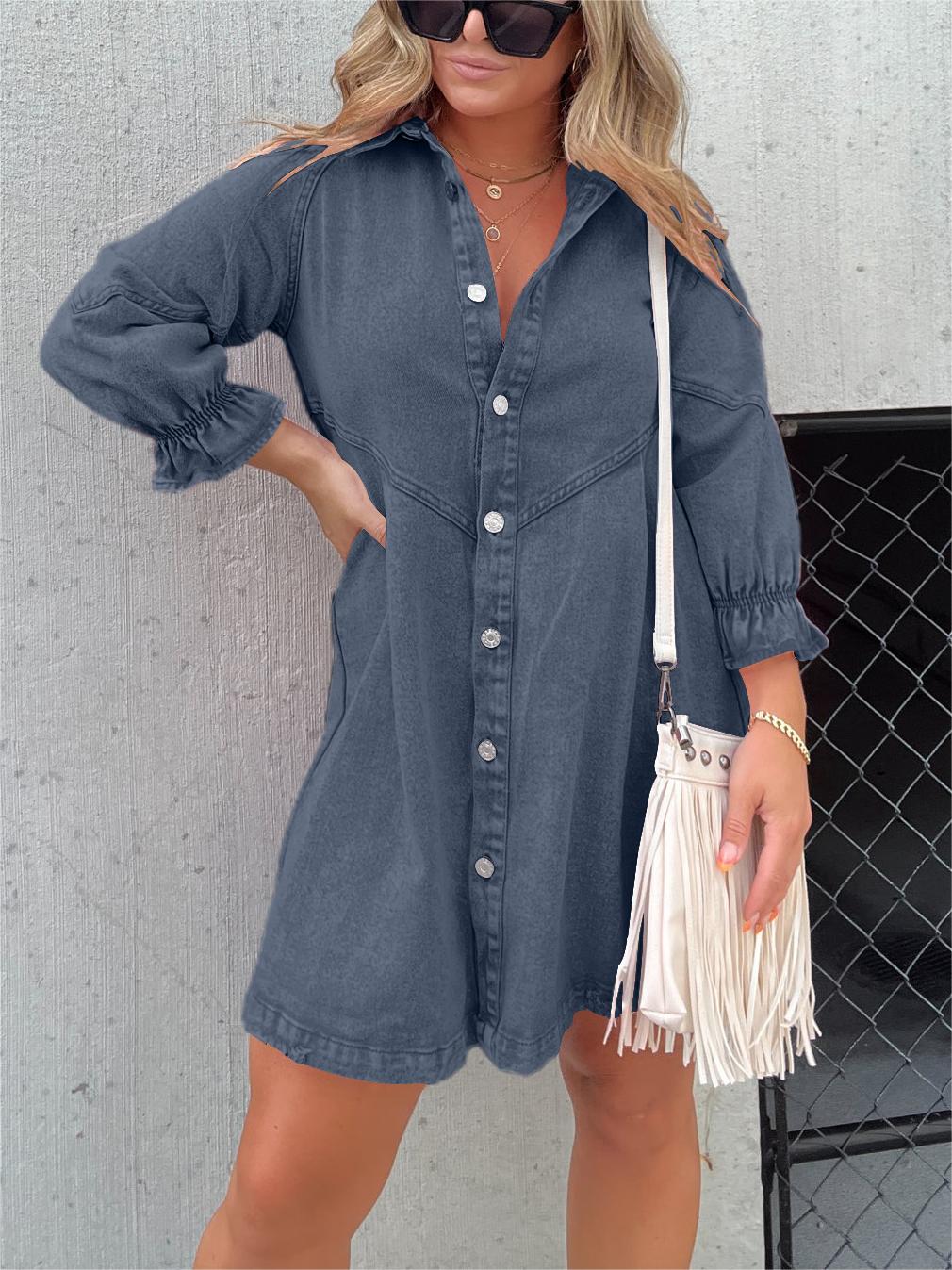 Abito a camicia | Abito con bottoni | Maniche lunghe | Abito in denim | Mini abito-Grigio Chiaro-S-Modasso