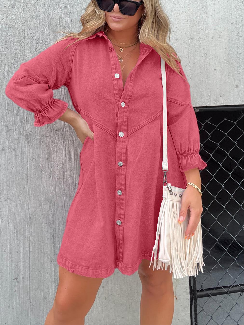 Abito a camicia | Abito con bottoni | Maniche lunghe | Abito in denim | Mini abito-Rosa-S-Modasso