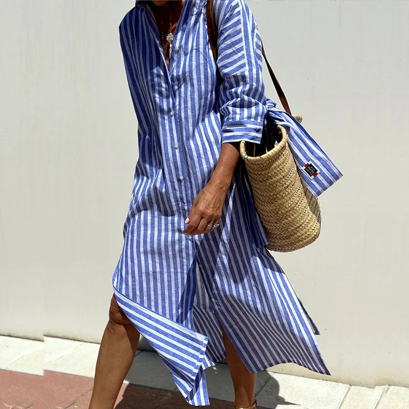 Abito a camicia - Abito lungo da donna a righe con bottoni-Blu-S-Modasso