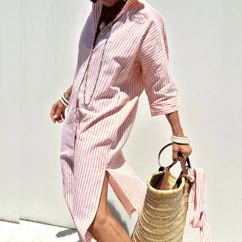 Abito a camicia - Abito lungo da donna a righe con bottoni-Modasso