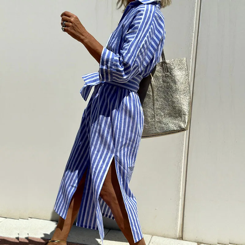 Abito a camicia - Abito lungo da donna a righe con bottoni-Modasso