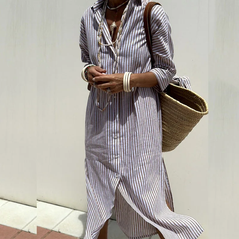 Abito a camicia - Abito lungo da donna a righe con bottoni-Viola-S-Modasso