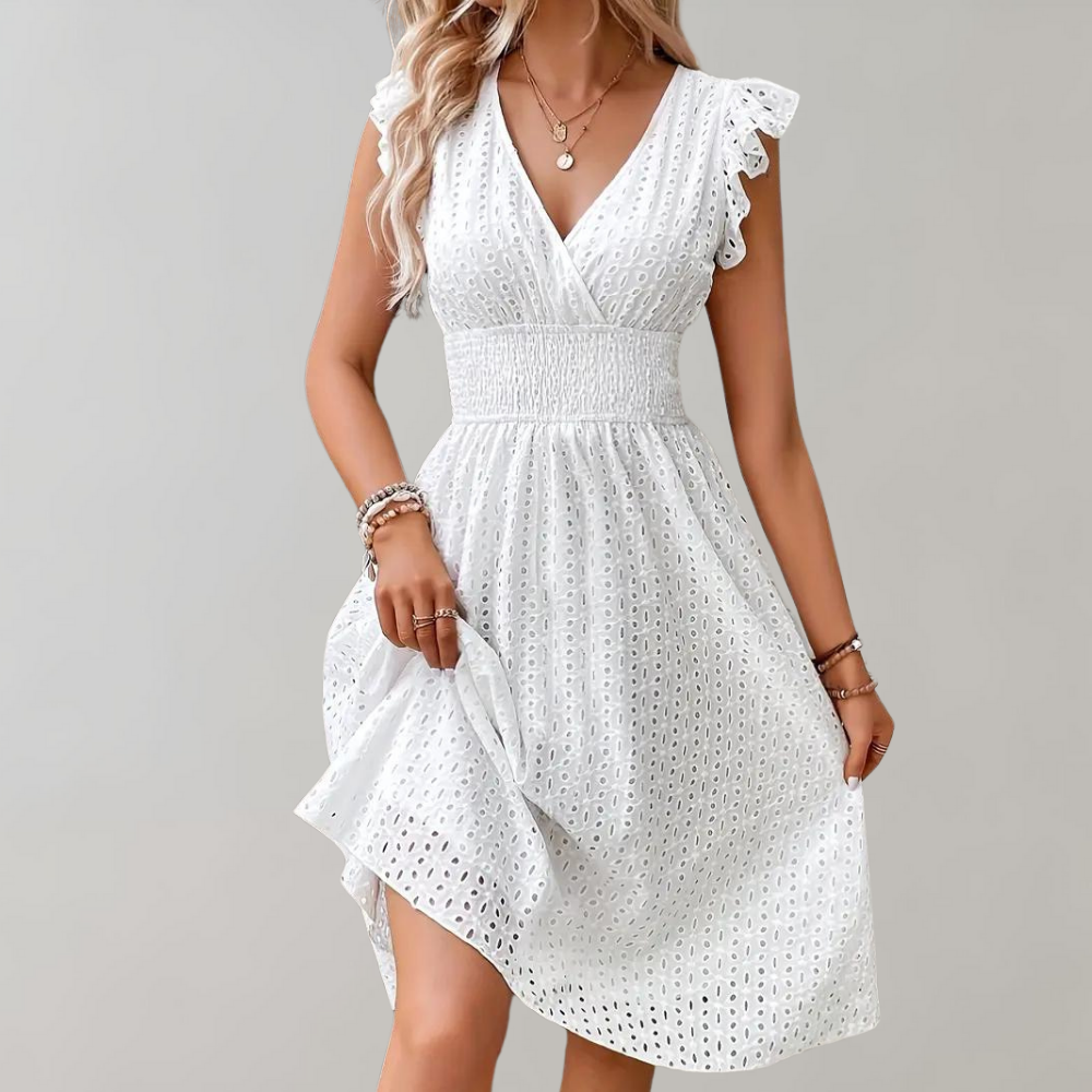 Abito bianco - Abito estivo da donna con scollo a V, maniche a farfalla e lunghezza al ginocchio-Modasso