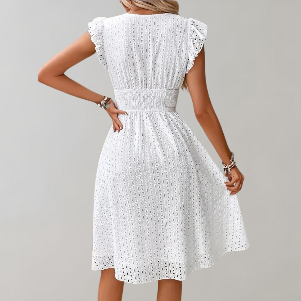 Abito bianco - Abito estivo da donna con scollo a V, maniche a farfalla e lunghezza al ginocchio-Modasso