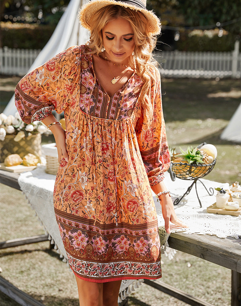 Abito boho - Maniche lunghe - Floreale - Mini abito - Abito estivo-Arancione-S-Modasso