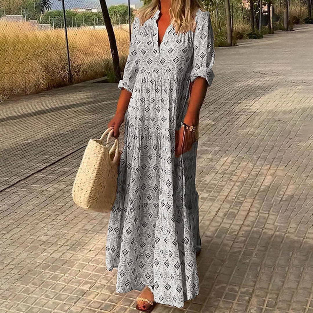 Abito boho - Maniche lunghe - Vestibilità ampia - Abito lungo - Maxi prendisole-Grigio-S (8-10)-Modasso