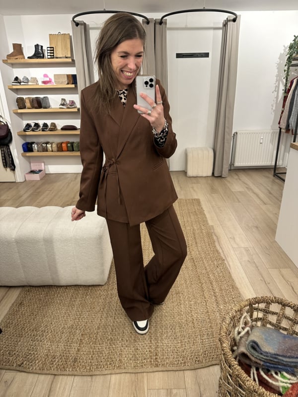 Abito di lino - Vestaglia - Gamba larga - Completo blazer - Completo due pezzi da donna-Marrone-XS-Modasso