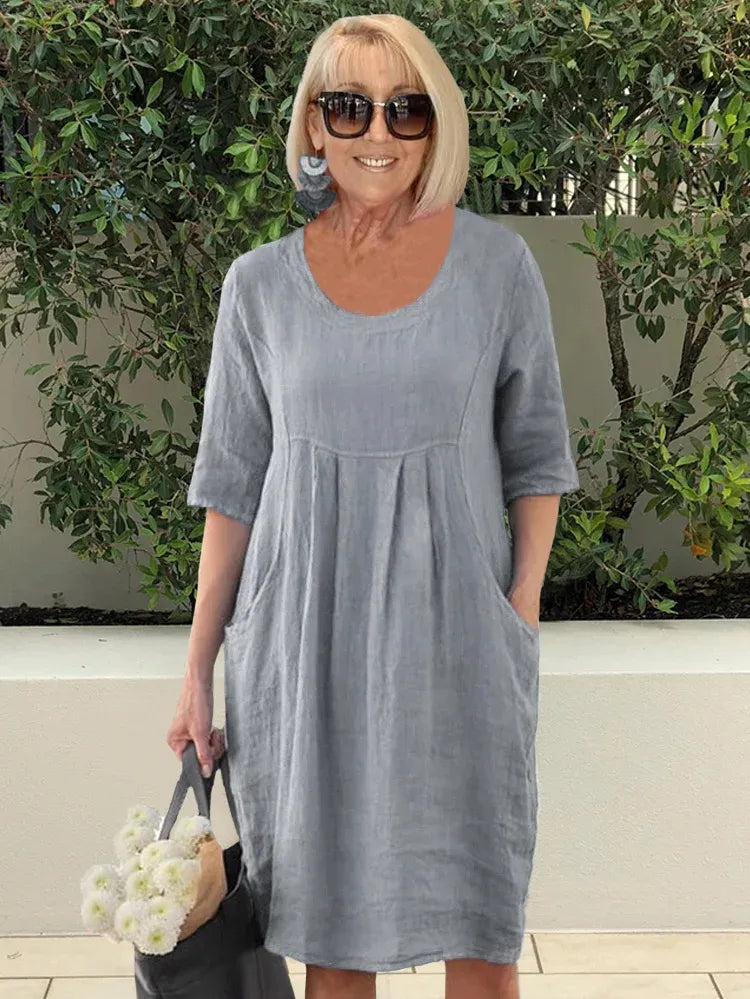 Abito di lino | Vestibilità ampia | Mezza manica | Abito casual | Abito estivo-Grigio-S-Modasso