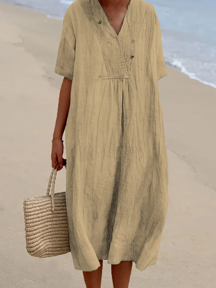 Abito estivo - Abito midi da donna in lino, maniche corte, vestibilità ampia-Beige-S-Modasso