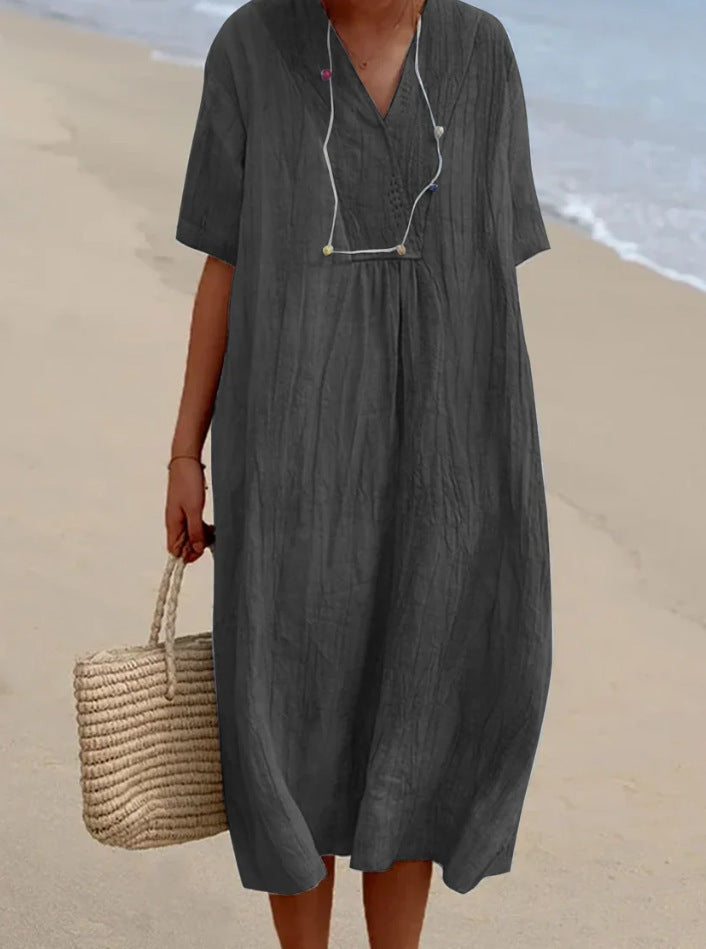 Abito estivo - Abito midi da donna in lino, maniche corte, vestibilità ampia-Grigio-S-Modasso