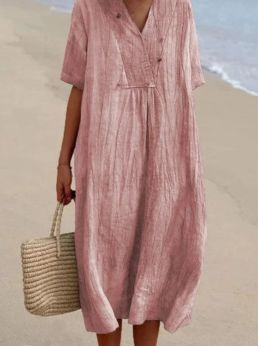 Abito estivo - Abito midi da donna in lino, maniche corte, vestibilità ampia-Rosa chiaro-S-Modasso