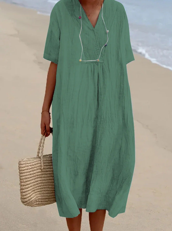 Abito estivo - Abito midi da donna in lino, maniche corte, vestibilità ampia-Verde-S-Modasso