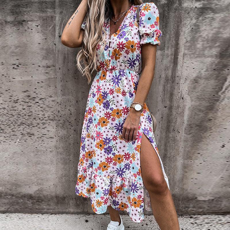 Abito floreale - Maniche corte - Spacco - Abito midi - Abito estivo-Multicolore-S-Modasso