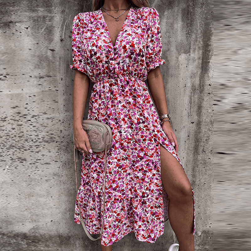 Abito floreale - Maniche corte - Spacco - Abito midi - Abito estivo-Rosa-S-Modasso