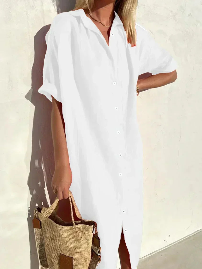 Abito in lino - Abito chemisier da donna con colletto, maniche corte e bottoni-Bianco-XS-Modasso